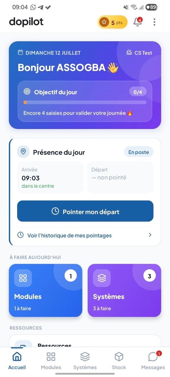 Accueil agent — pointage et tâches du jour